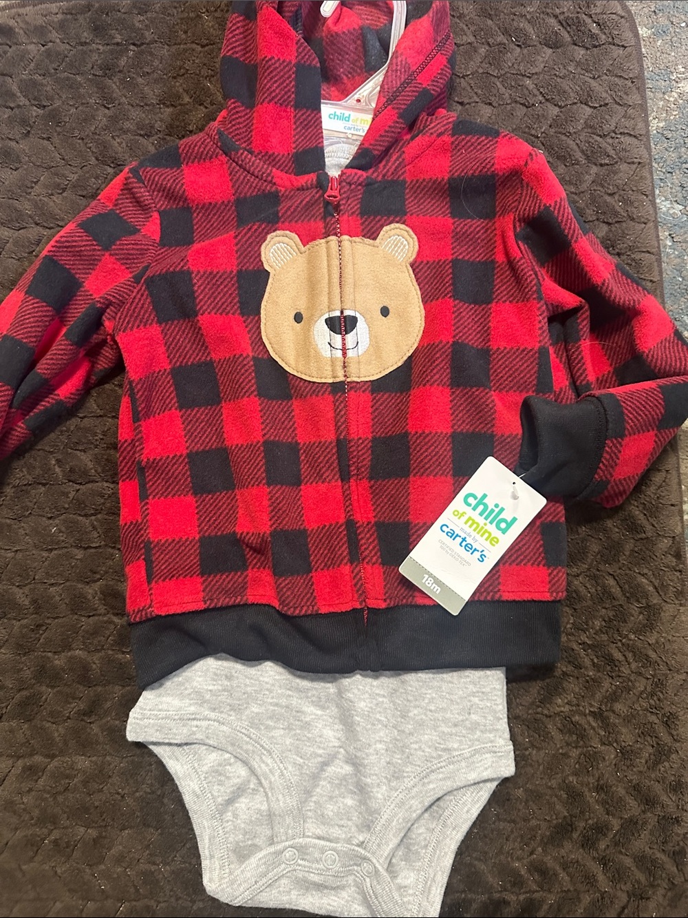 Carter's Red & Black Buffalo Plaid Bear Hooded Zip-Up with onesie